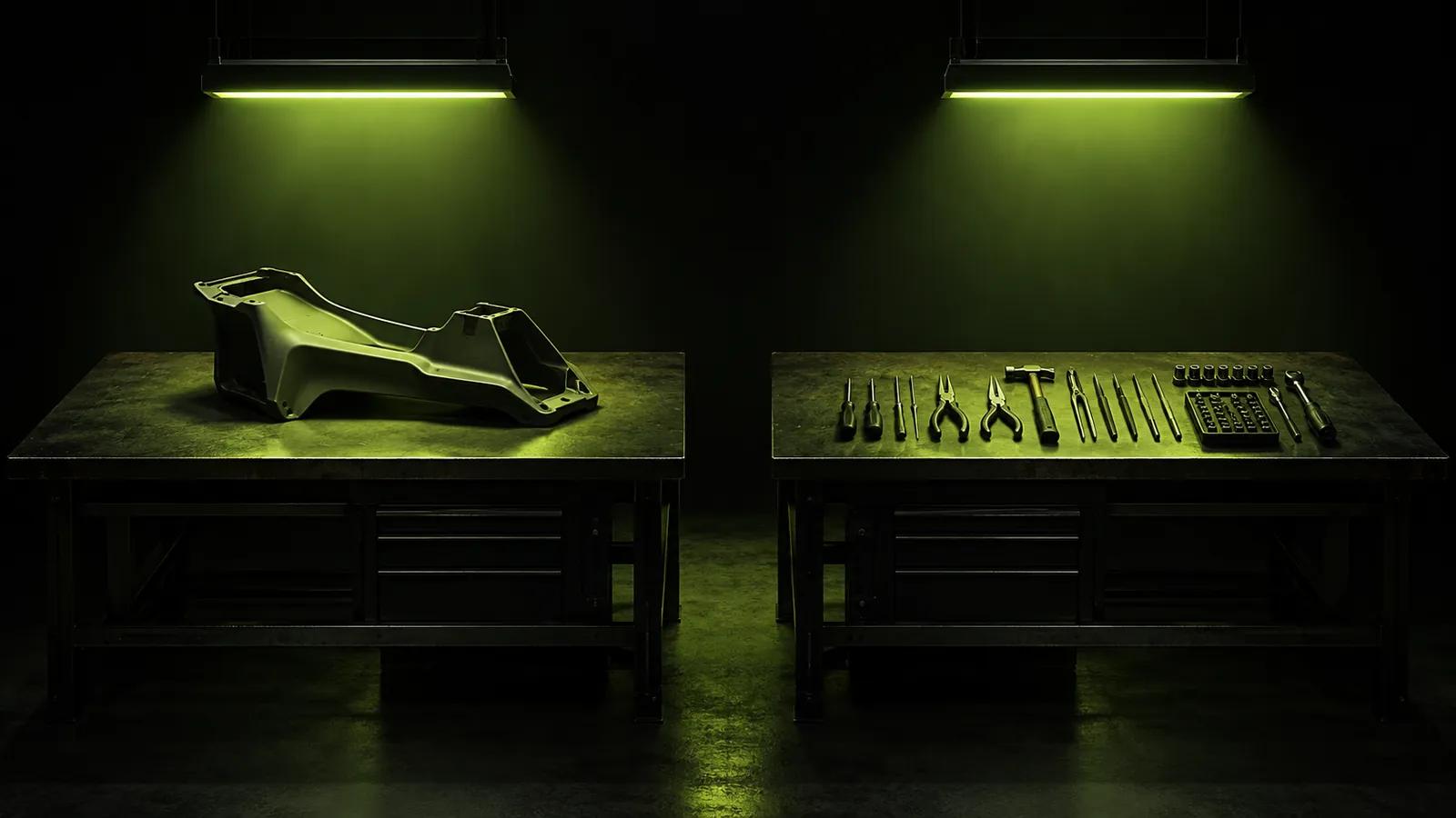 Two dark workbenches side by side, one holding a single moulded form, the other a row of precision hand tools