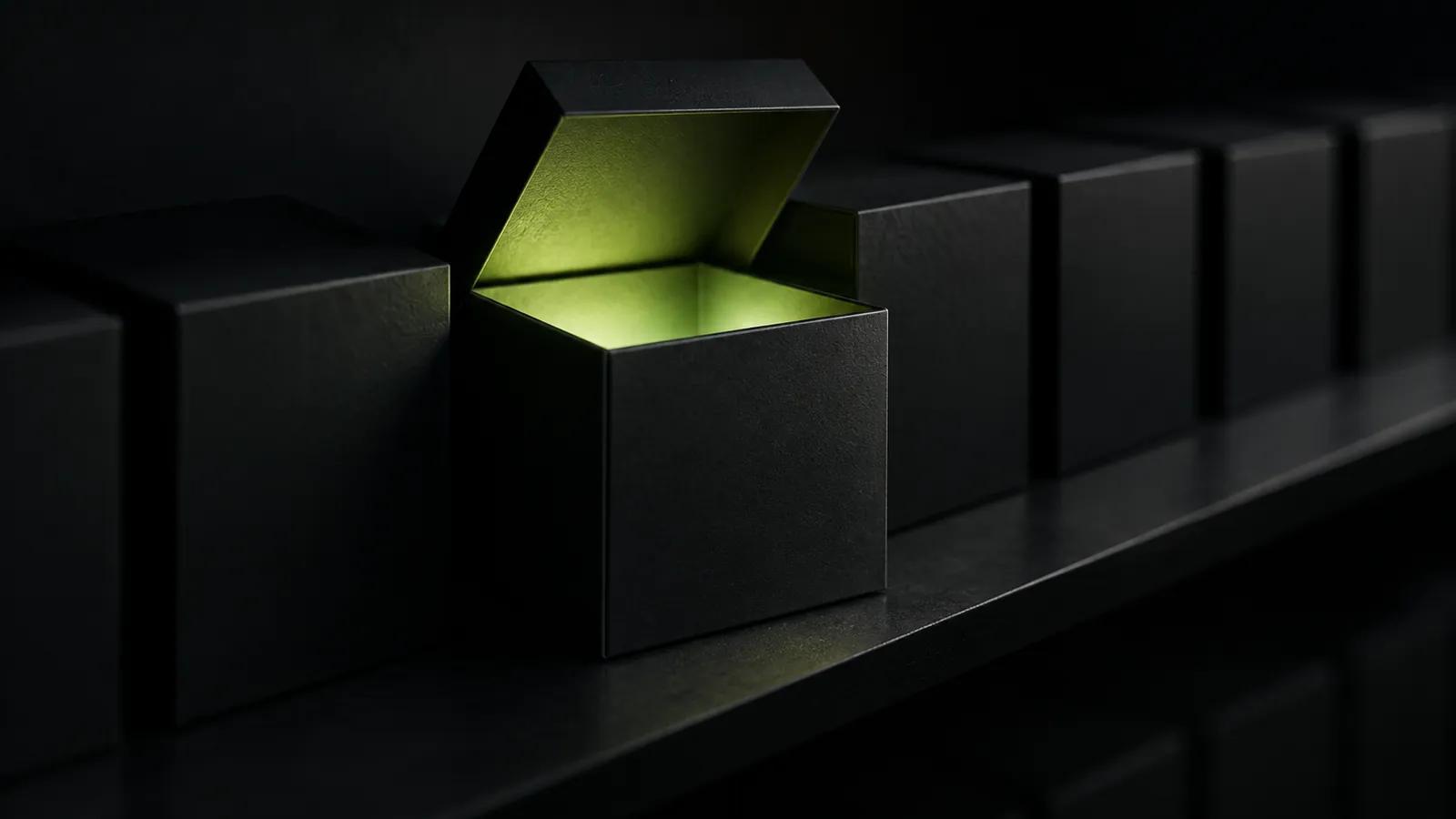A row of matte black boxes on a shelf, one pulled forward and open with its interior glowing lime