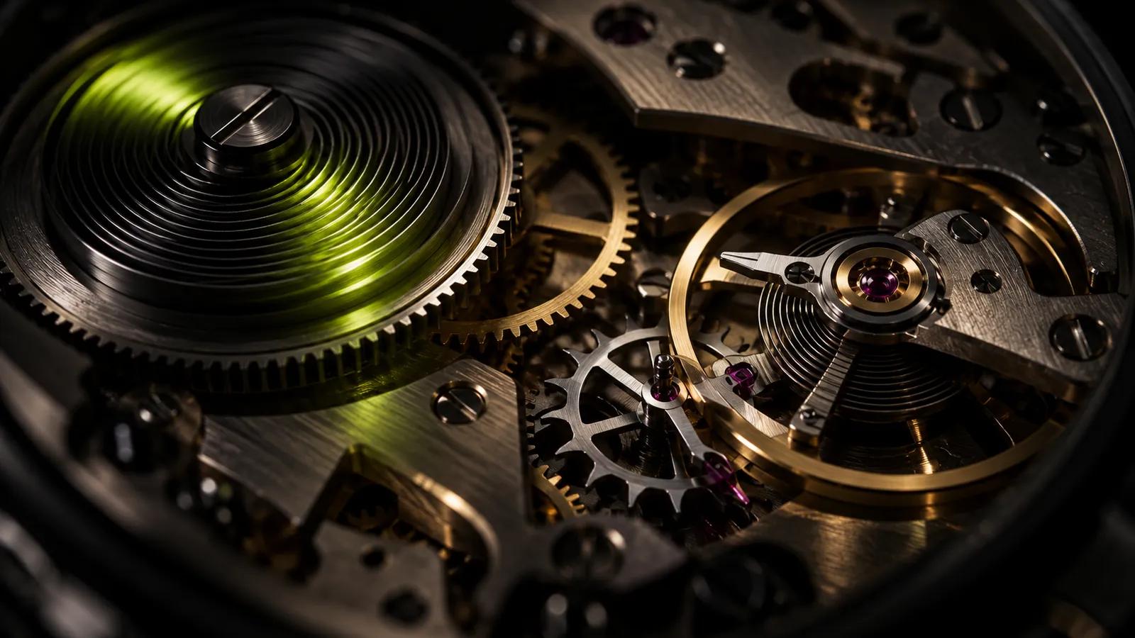 The gears and balance spring of a mechanical watch movement, close up, with a lime reflection