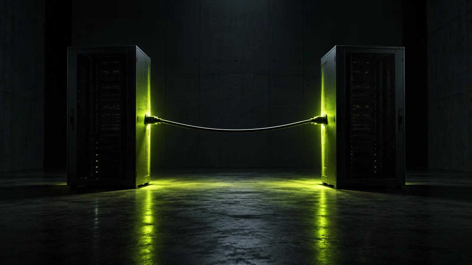 Two black server cabinets standing apart in a dark room, joined by a single taut cable lit lime