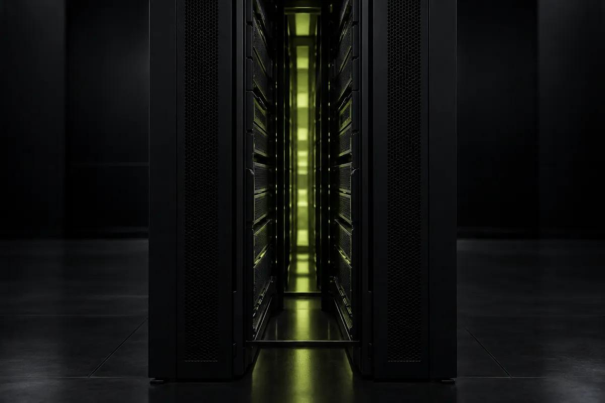 A dark server rack seen end-on, the airflow gap down its centre glowing faint lime