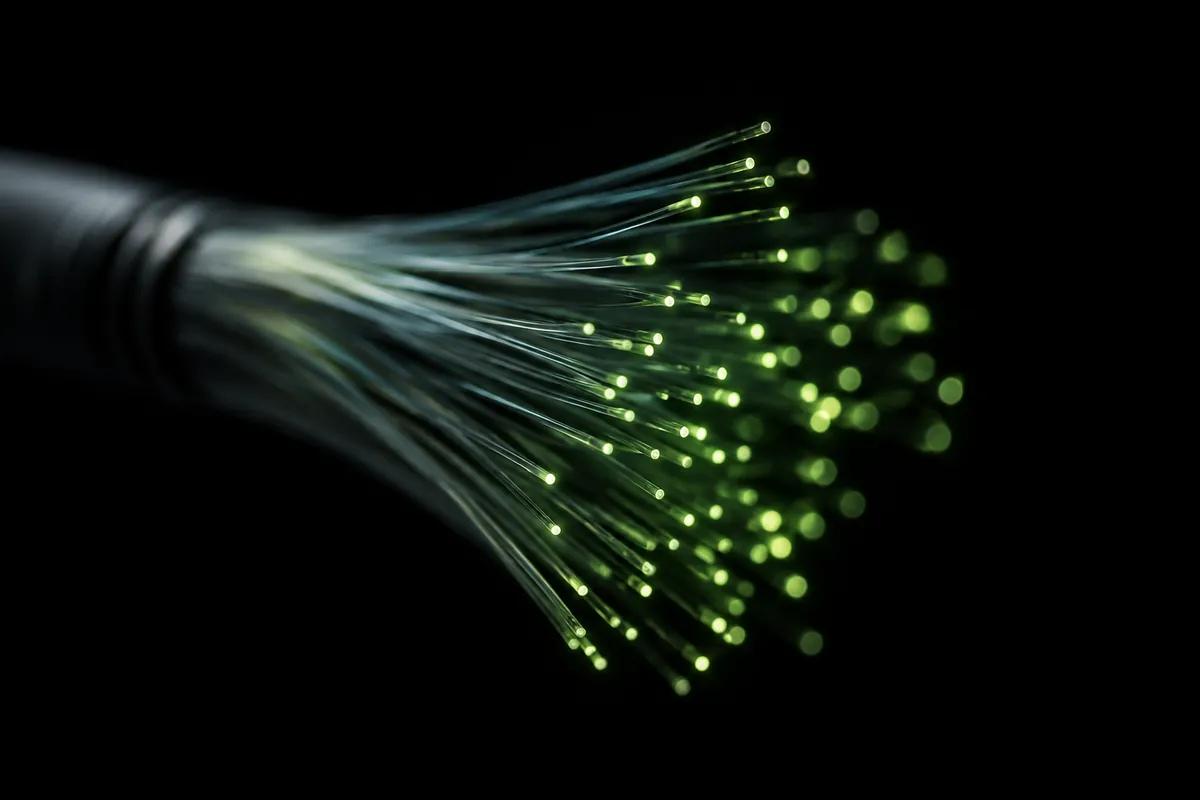 A fibre-optic bundle fanning out into darkness, its tips glowing lime