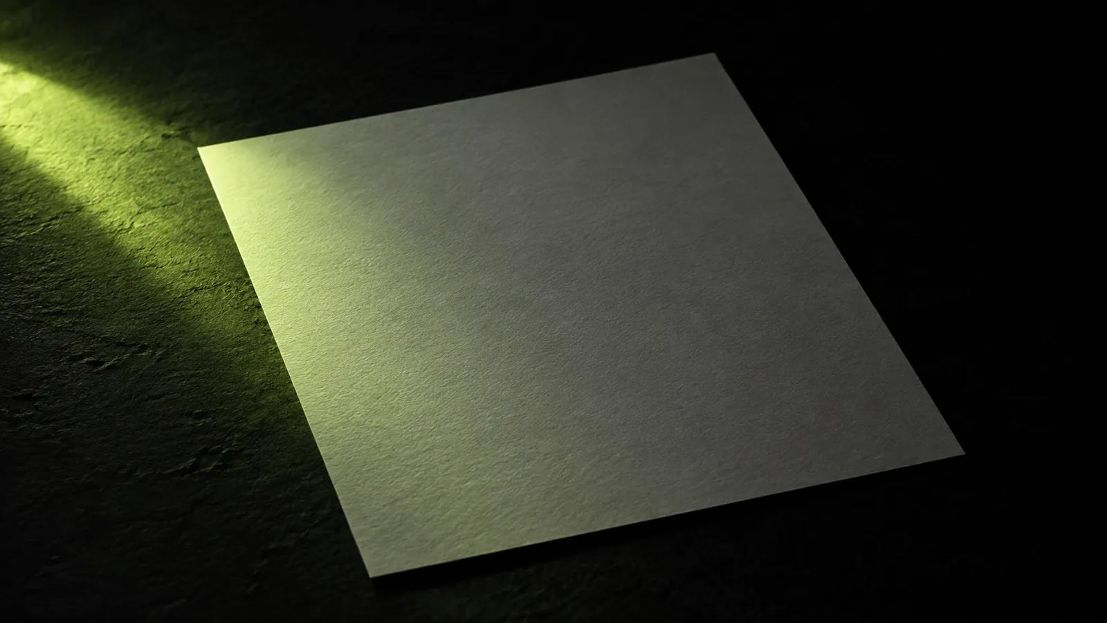 A single blank sheet of paper on a black surface, its texture raised by a narrow strip of lime light