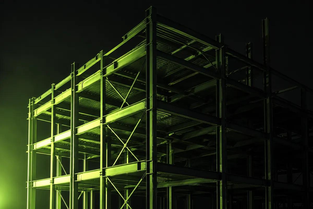 The bare structural steel frame of a building at night, floodlit lime from one side