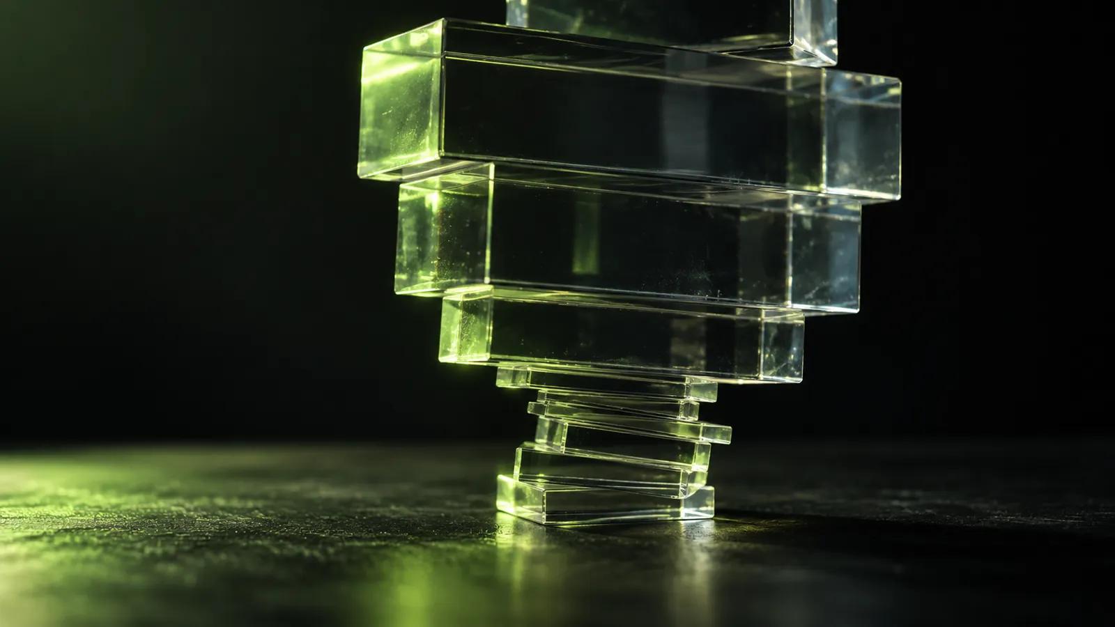 A tower of clear acrylic blocks on a dark surface, the lower blocks thinner than those above, lit by a lime edge light