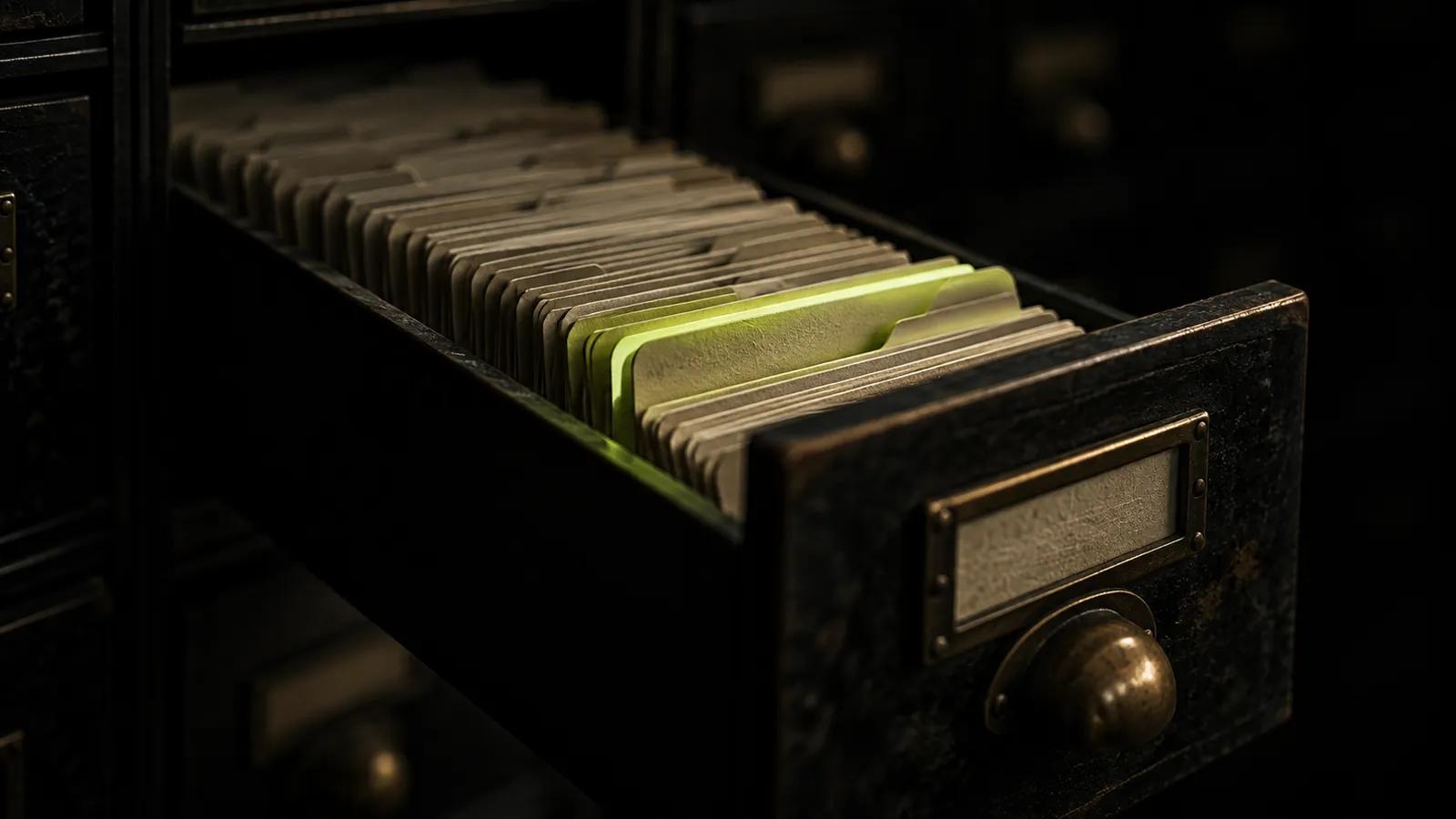 An open card-catalogue drawer in near darkness, cards in tight rows, one card edge-lit lime