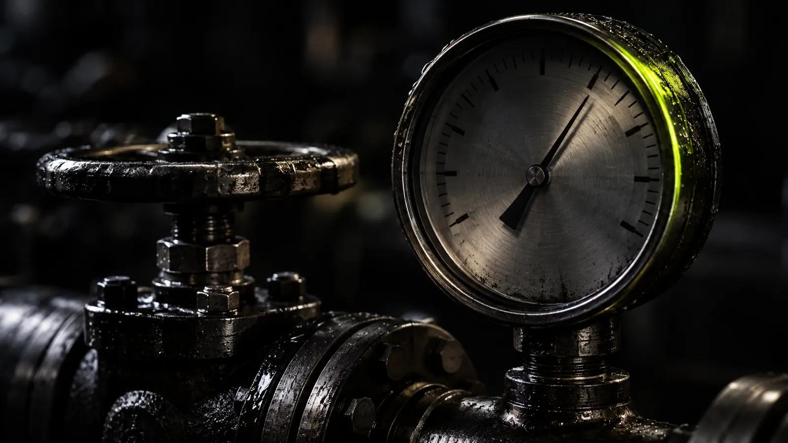 An industrial valve and pressure gauge in near darkness, a lime highlight along the gauge rim