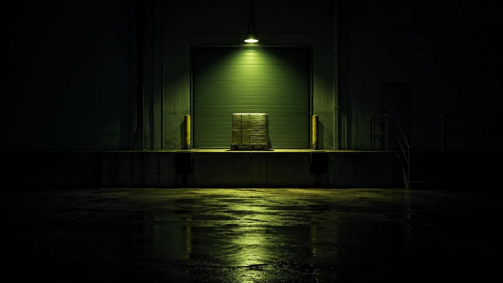A dark loading dock at night with a single pallet under one overhead lime lamp