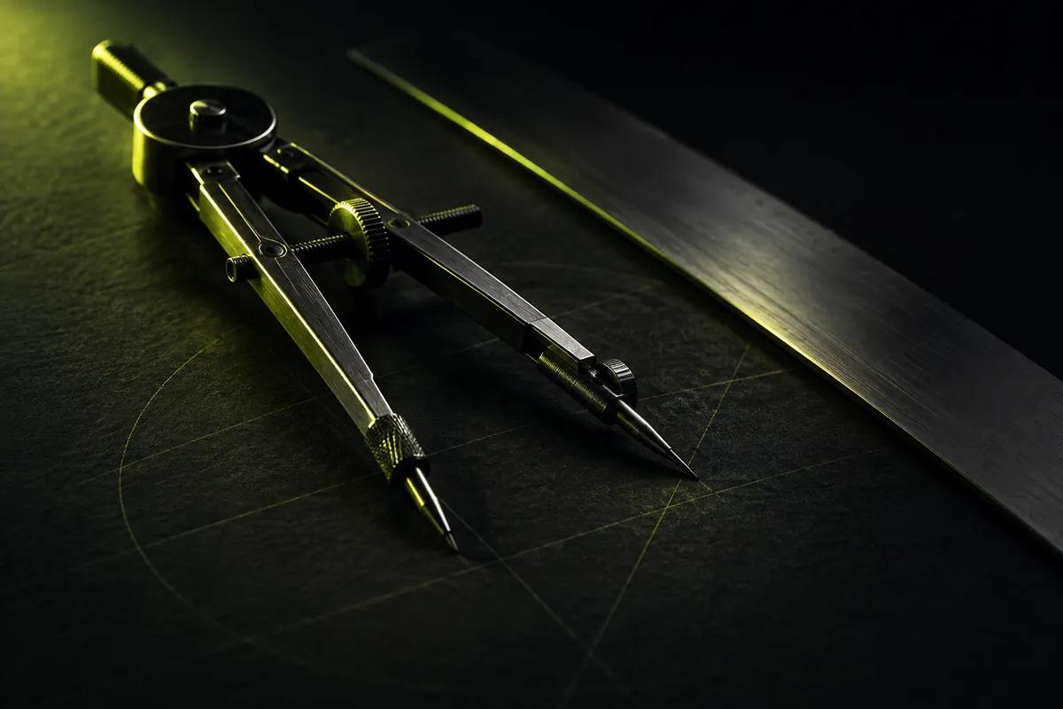 A drafting compass and steel rule on dark paper, caught by a lime rim light