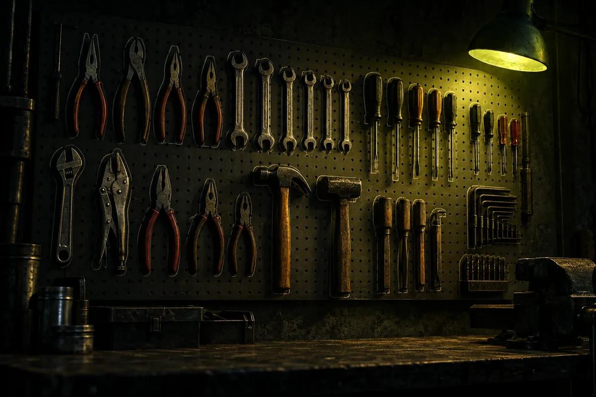 A pegboard wall of hand tools in a dark workshop under a single lamp