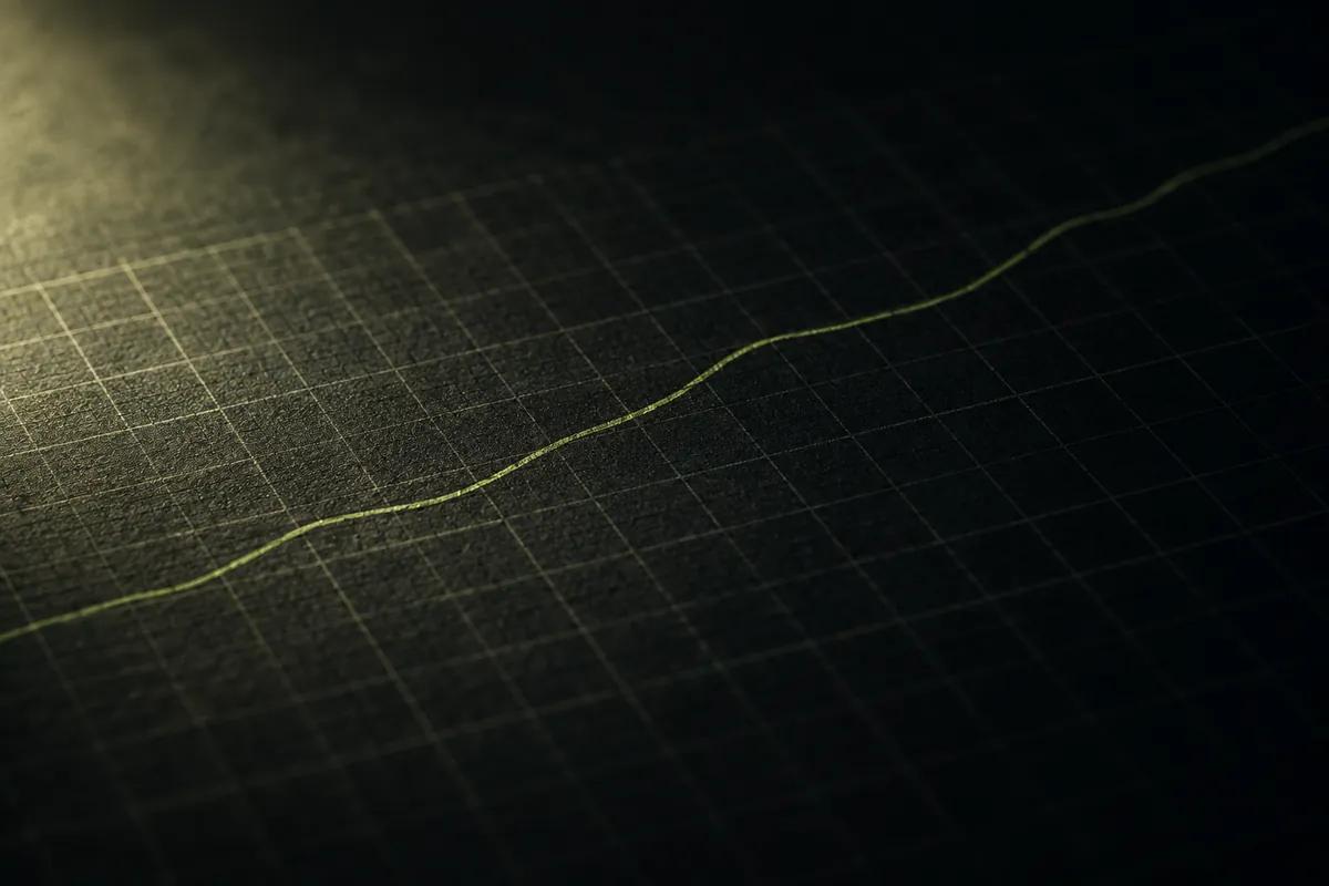 Dark graph paper at a shallow angle with a single lime line drawn across the grid