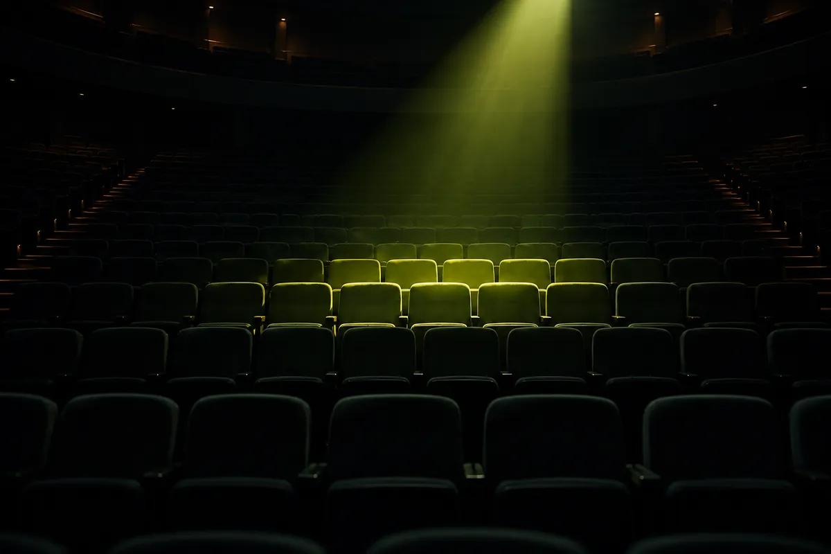 An empty dark auditorium with a single lime spotlight falling on one row of seats