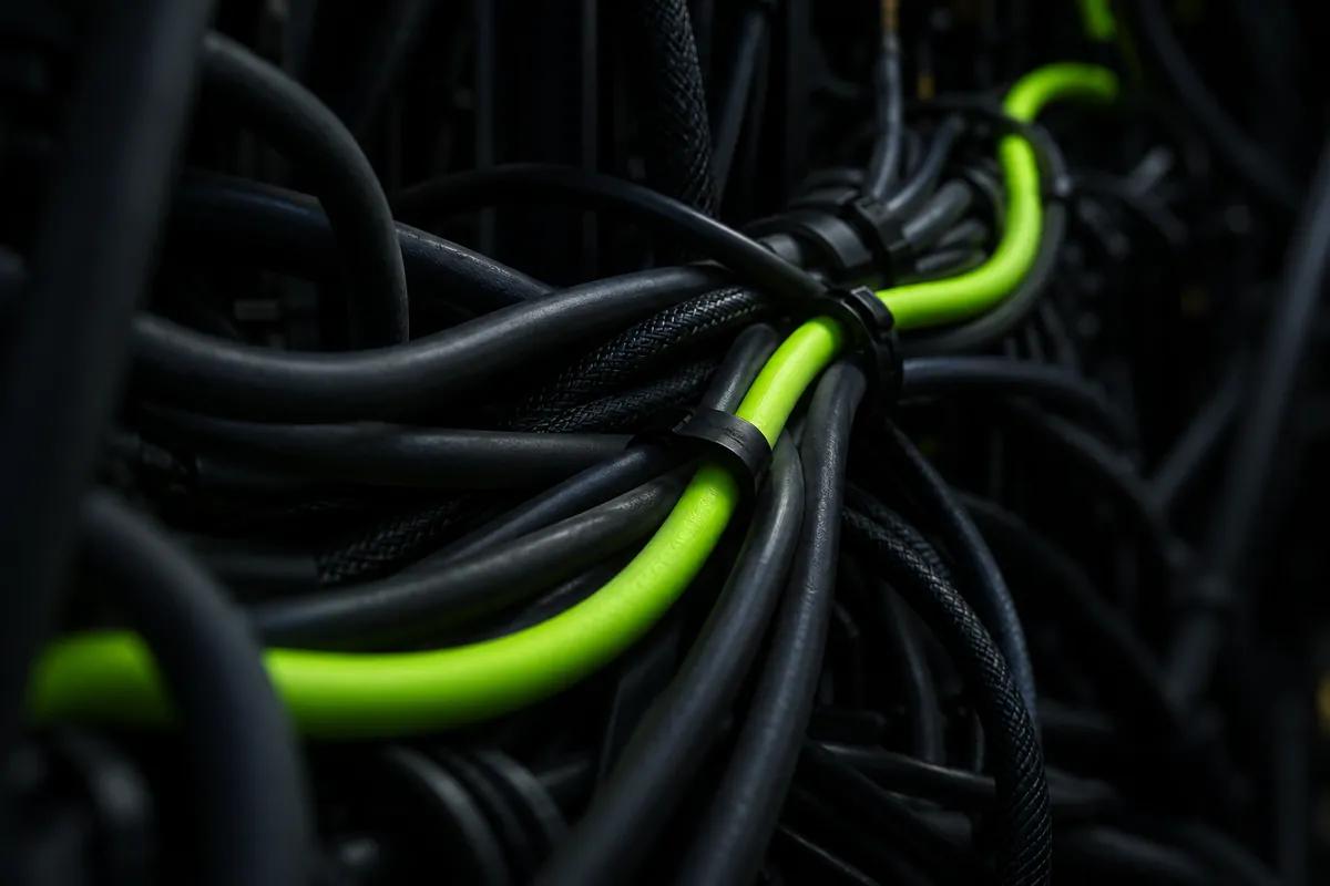 A dense bundle of black cables with one strand lit lime running through it