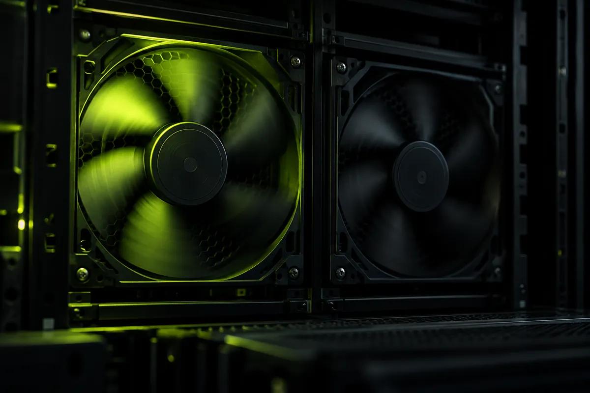 Two cooling fans in a dark rack, blades blurred in motion, one lit lime