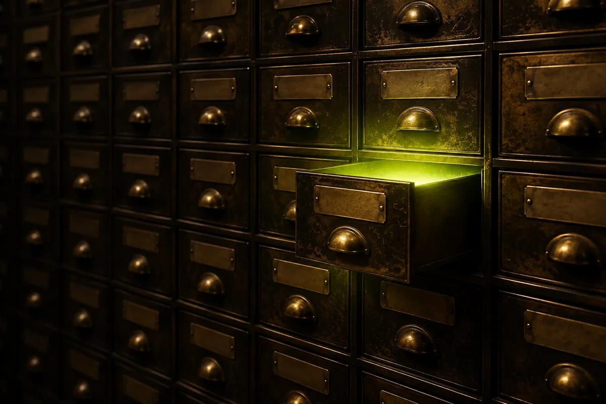 A wall of small brass apothecary drawers in shadow, one drawer open and lit lime inside