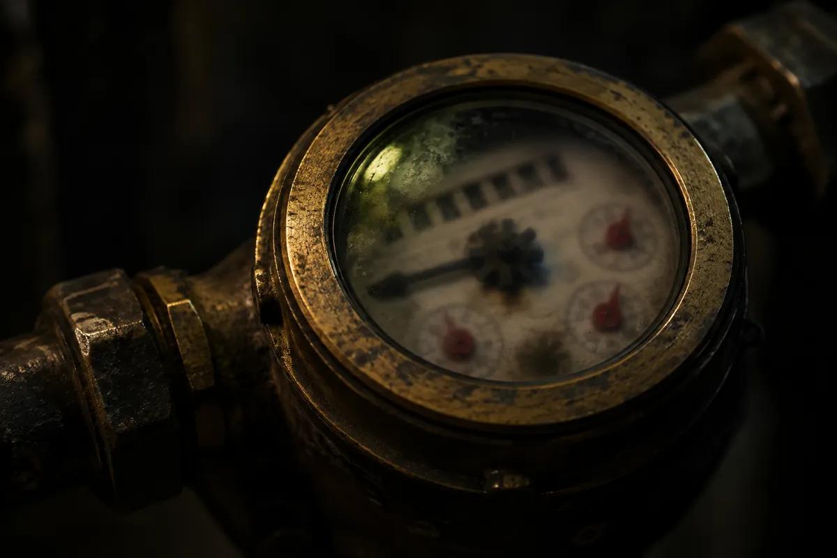 A brass water meter in near darkness, its dials soft and out of focus