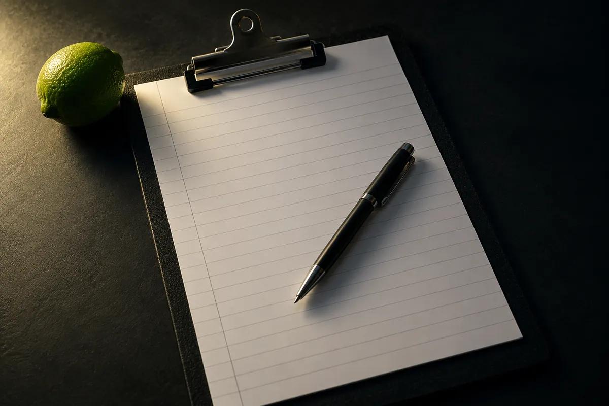 A clipboard holding a blank ruled sheet on a dark desk, a pen resting across it
