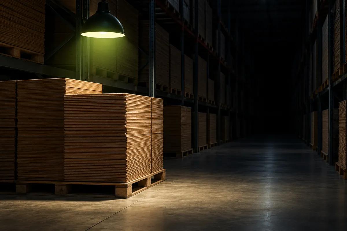 Flat-packed cardboard stacked on pallets in a dark warehouse aisle under one lamp